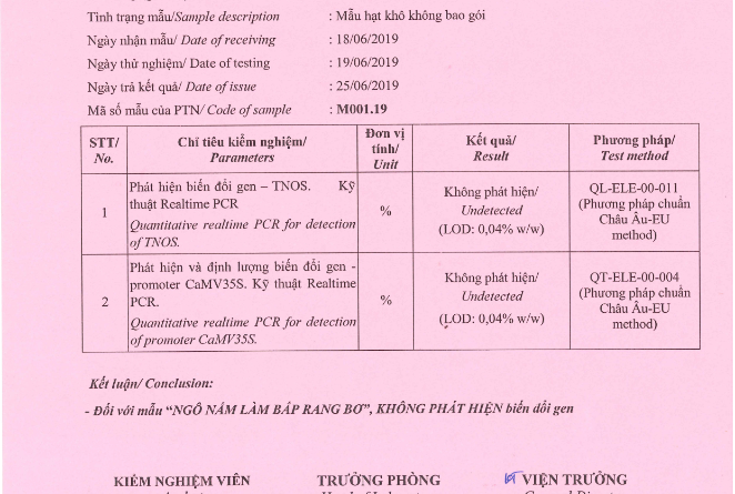 Công bố kết quả kiểm nghiệm NON GMO trên ngô nấm